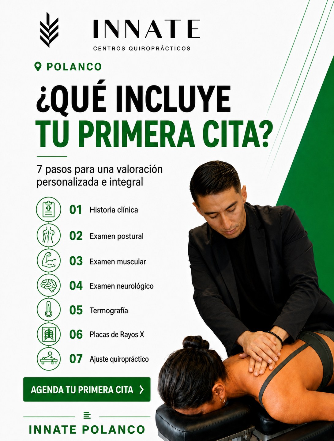 ¿Qué incluye tu primera cita en INNATE Polanco? 7 pasos para una valoración personalizada e integral: historia clínica, examen postural, examen muscular, examen neurológico, termografía, placas de rayos X y ajuste quiropráctico